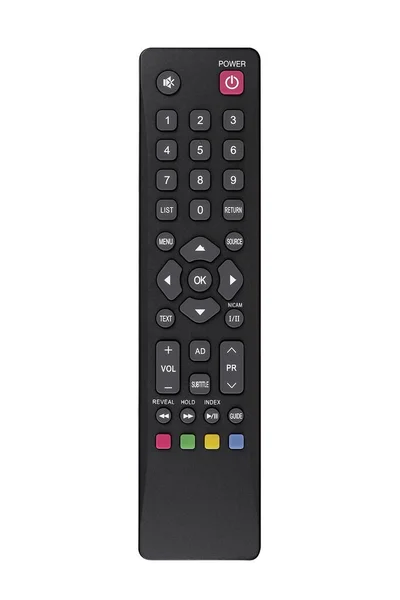 白色独立背景图上有彩色按钮的电视机上现代黑色遥控器的顶部视图 — 图库照片