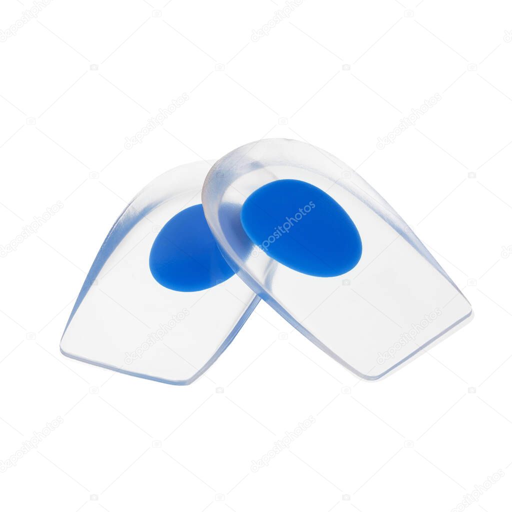 Pair of comfortable silicone orthopedic shock absorbing cushioning heel pads isolated on white background