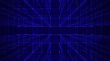 Sanal teknoloji geçmişi. Raster versiyonu. Mavi küplerin bileşimi. Bağlantı yapı çizgileri ve noktalar. 3d oluşturma.