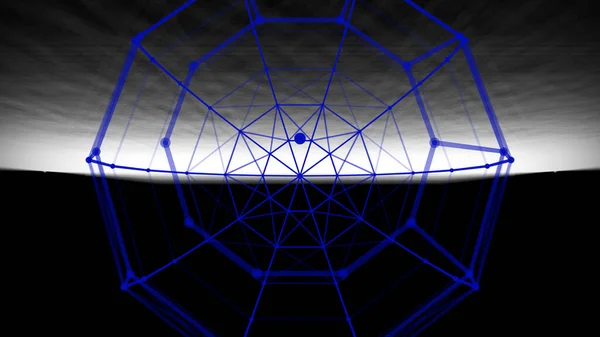 Siyah arkaplanda beyaz bir parıltıyla mavi şekillerden oluşan örümcek ağı. kablo geometrik arka plan. Bağlantı yapı çizgileri ve noktalar. 3d oluşturma.