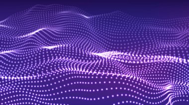 Fütürist illüstrasyon. Soyut dijital parçacıkların parladığı üç boyutlu arka plan. Vektör dalga deseni. Koyu arkaplanda parçacıkları olan dalgalar.