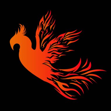 Kara Arkaplan 'lı Phoenix Maskot Logosu. Uçan Phoenix Ateş Kuşu soyut logo tasarım vektör şablonu. Eagle Logotype konsept simgesi. Ateşin içine. Vektör illüstrasyonu