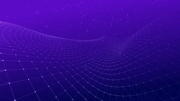 Uzayda noktalı parçacık yerleştirme. Parçacık dalgası. Noktaları ve çizgileri birleştiren bir dalga. Peyzaj arka planı. Parçacıkların soyut gradyan dinamik dalgası. 3d oluşturma.