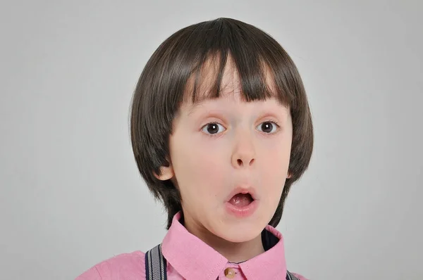 Emotional Boy Europe Pink Shirt Genuinely Surprised — Stock Photo, Image