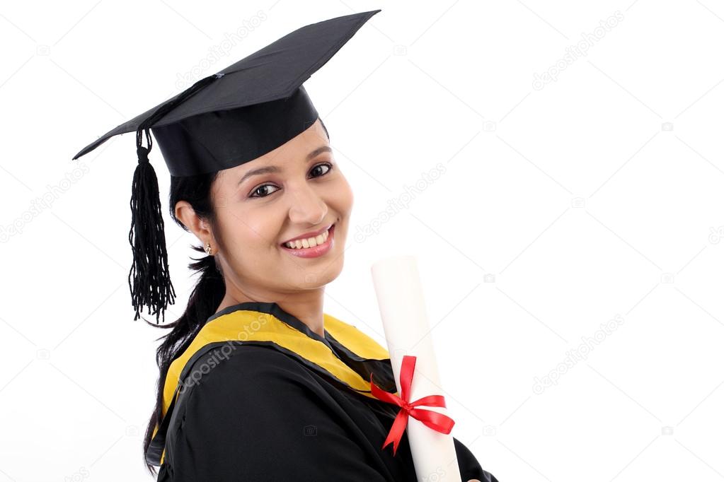 Happy young female student holding diploma 