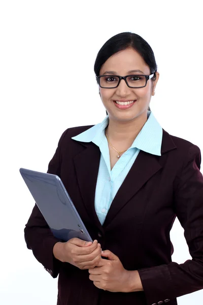 Happy young business woman with tablet — Stock Photo, Image