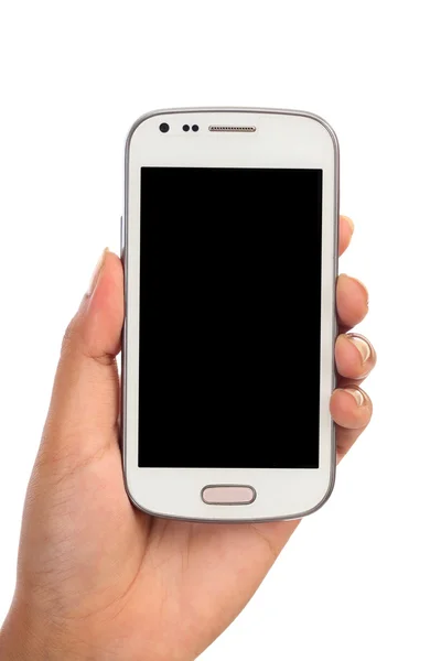 Рука держа белый смартфон с пустым экраном — стоковое фото