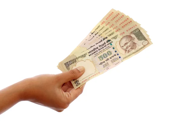 Hand holding Indian five hundred rupee notes — Stock Photo, Image