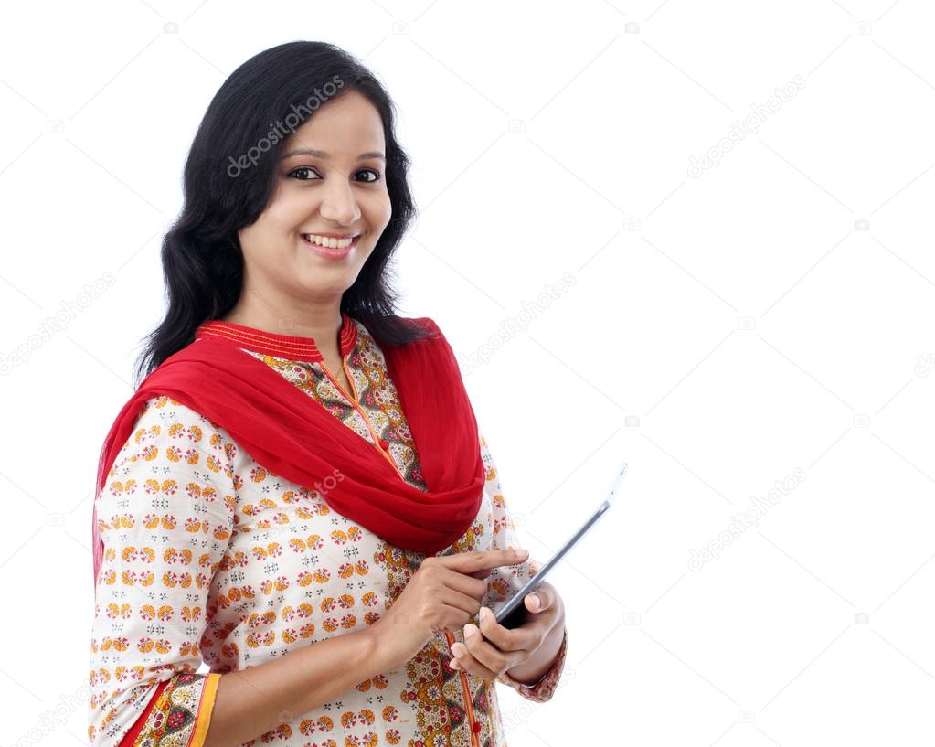 Happy young woman with tablet against white