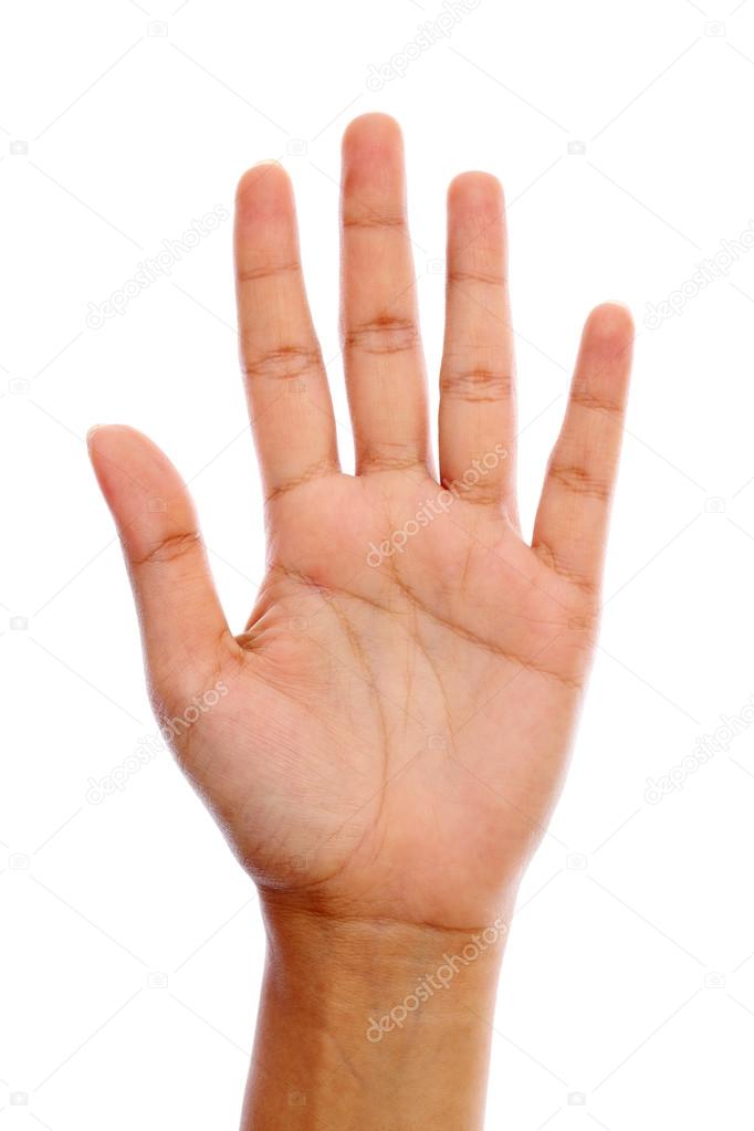 Human open hand sign against white