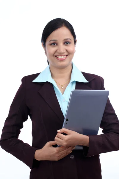 Happy young business woman with tablet — Stock Photo, Image