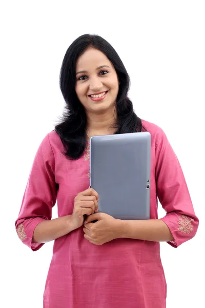 Happy young woman with tablet computer — Stock Photo, Image