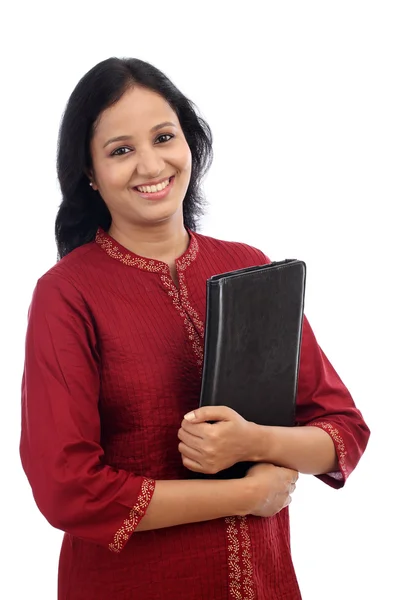 Smiling beautiful young woman with tablet computer — Stock Photo, Image