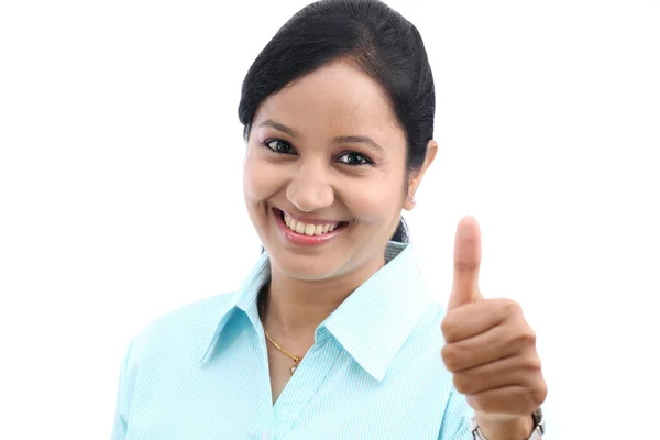 Young business woman with thumbs up gesture — Stock Photo, Image