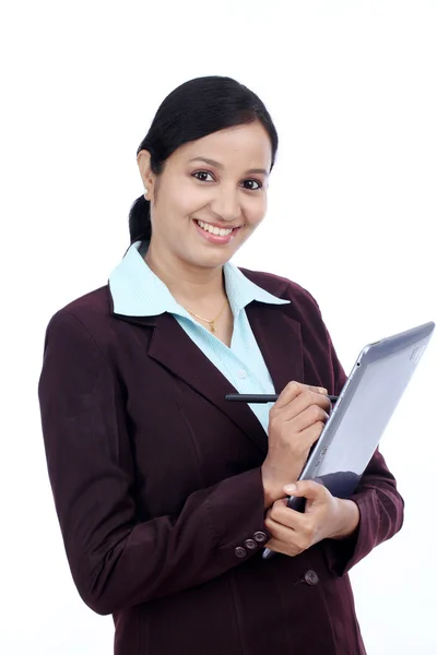 Young business woman with tablet and stylus — Stock Photo, Image