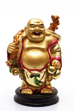 Gülünecek bir Buda'nın altın renkli heykelcik 