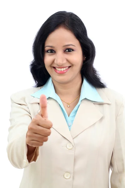 Young businesswoman showing thumbs up isolated against white bac — Stock Photo, Image