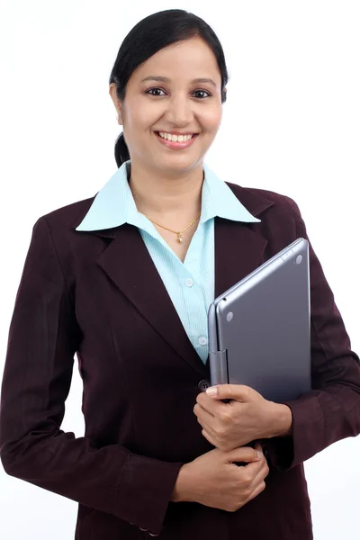 Happy young business woman with tablet — Stock Photo, Image