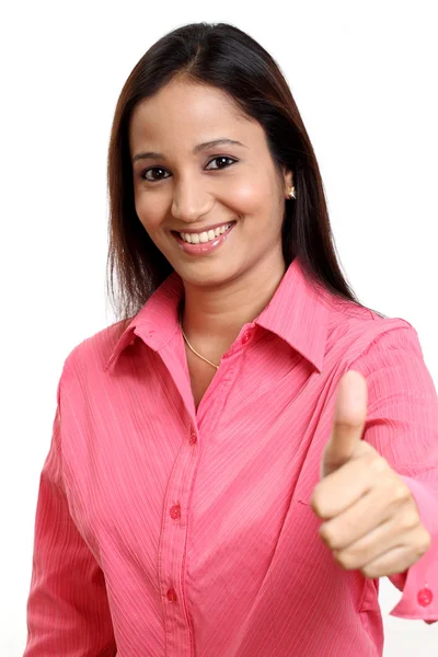 Cheerful woman with thumbs up gesture — Stock Photo, Image