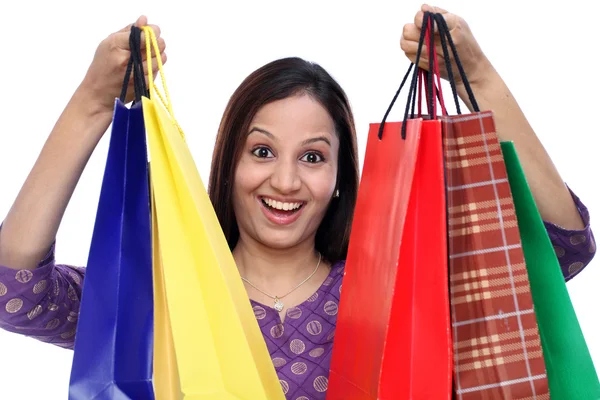 Indian woman with shopping bags — Stock Photo, Image