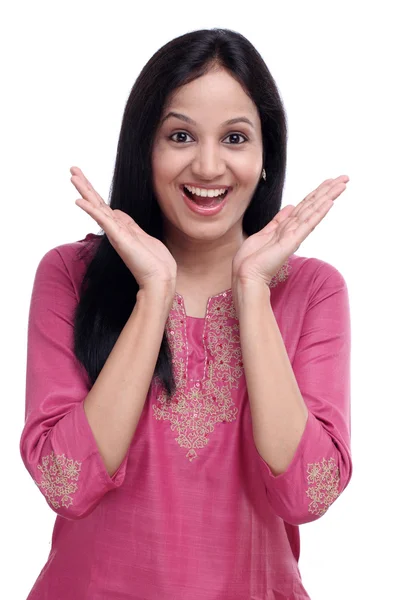 Surprised young indian woman against white — Stock Photo, Image