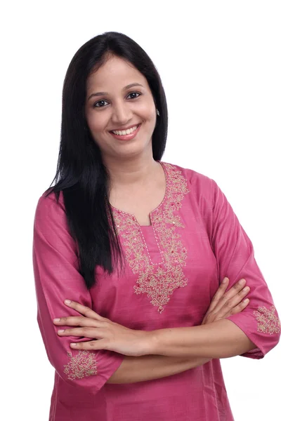 Portrait of young Indian woman against white — Stock Photo, Image