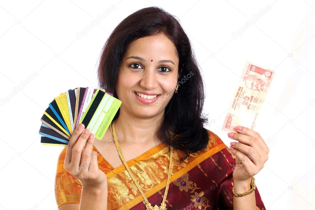 Tradtional woman with credit cards&currency