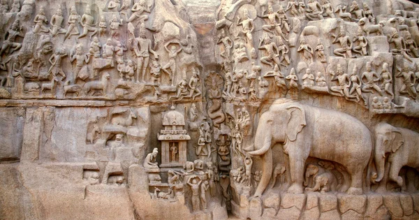 Penitência de Arjuna em Mahabalipuram, Índia — Fotografia de Stock