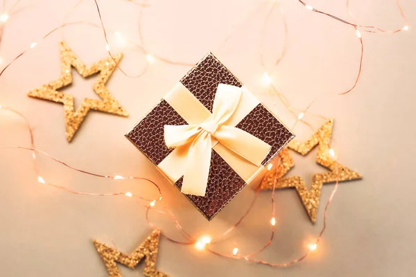 Caja Regalo Navidad Con Luces Festivas Purpurina — Foto de Stock