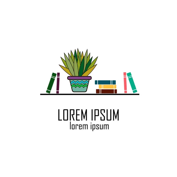 Books on the shelves with home plant, vector illustration, logo design