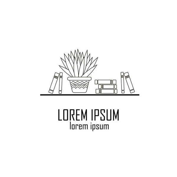 Books on the shelves with home plant, vector illustration, logo design