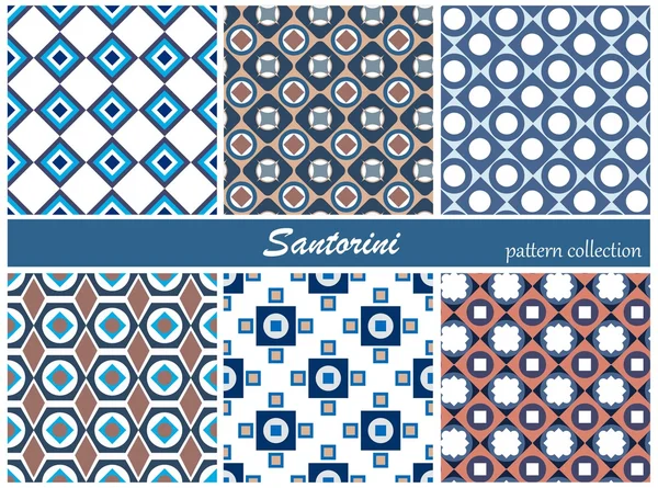 Collectie van naadloze patronen. Blauwe en witte kleuren. Santorini eiland kleuren. Vectorillustratie — Stockvector