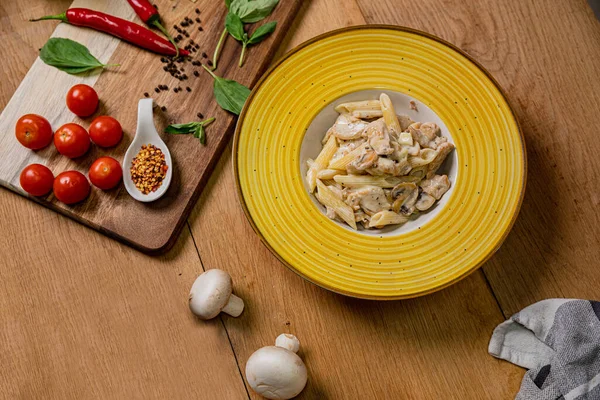 Chicken Alfredo Pasta Mushrooms Wooden Table Ingredients Next Freshly Prepared — Stock Photo, Image