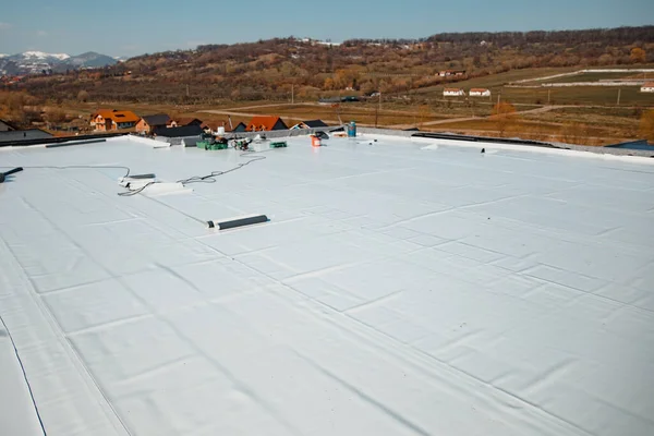 Flat Roof Hot Air Welded Pvc Membrane Waterproofing Ballasted System — Stock Photo, Image