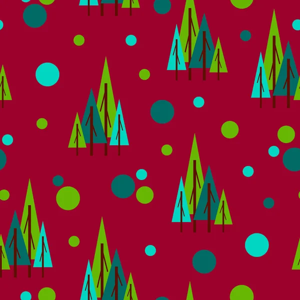 Motif Sans Couture Avec Sapins Verts Cercles Fond Rouge Style — Image vectorielle