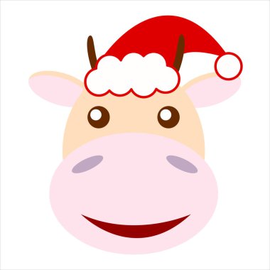 Kırmızı şapkalı gülen inek kafası beyaz arka planda izole edilmiş. 2021 yılının sembolü. Çizgi film karakteri. Düz stil. Sevimli ve komik. Kartpostallar, posterler, baskılar, tekstil, kreş, çocuk tasarımı