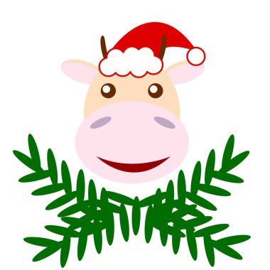 Kırmızı şapkalı gülen inek kafası ve yeşil köknar ağacı dalları. 2021 yılının sembolü. Çizgi film karakteri. Düz stil. Sevimli ve komik. Kartpostallar, posterler, baskılar, tekstil, kreş, çocuk tasarımı