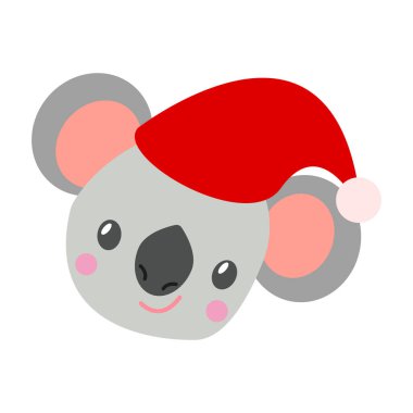 Kırmızı Noel şapkalı bebek başı Koala gülümsüyor. Sevimli ve komik bir karakter. Çizgi film tarzı. Düz çizim. - Mutlu yıllar. Çocuk kitapları ve dergileri için. Kartpostallar ve ambalaj kağıtları için
