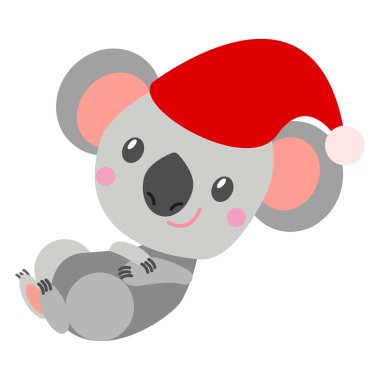 Kırmızı Noel şapkalı Koala ayısı bebek oturuyor ve gülümsüyor. Sevimli ve komik bir karakter. Çizgi film düz stili. Çocuk kitapları ve dergileri için. Kartpostallar, posterler, tekstil ve ambalaj kağıtları için