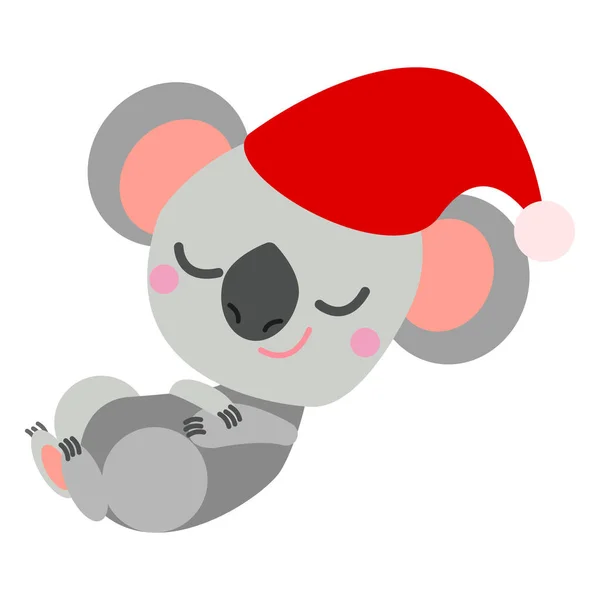 Koala Bambino Rosso Cappello Natale Addormentato Sorridente Stile Piatto Del — Vettoriale Stock