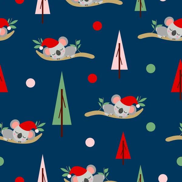 ユーカリの上で寝て赤いクリスマスの帽子のコアラの赤ちゃんとシームレスなパターン いい木だ 青の背景 ピンク 緑の丸いコンフェッティ ポストカード テキスタイル 壁紙や包装紙 — ストックベクタ