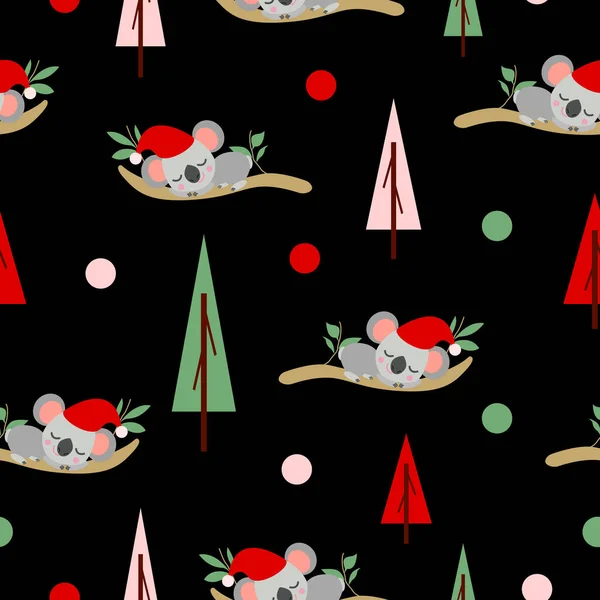 Seamless pattern with koala babies in red Christmas hats sleeping on eucalyptus. Fir trees. Black background. Pink, red and green round confetti. Post cards, textile, wallpaper and wrapping paper