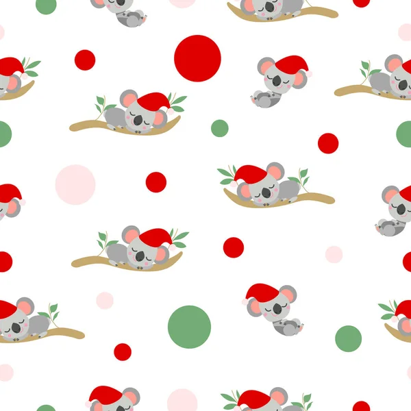 Kırmızı Noel şapkalı koala bebeklerinin okaliptüs dallarında uyuduğu kusursuz bir düzen. Beyaz arka plan. Pembe, kırmızı ve yeşil konfeti. Posta kartları, tekstil, duvar kağıdı ve ambalaj kağıdı