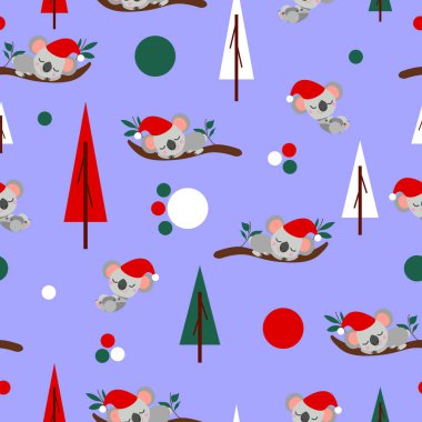Kırmızı Noel şapkalı koala bebeklerinin okaliptüs üzerinde uyuduğu kusursuz desen. Ağaçlar. Violet geçmişi. Beyaz, kırmızı ve yeşil yuvarlak konfeti. Posta kartları, tekstil, duvar kağıdı ve ambalaj kağıdı