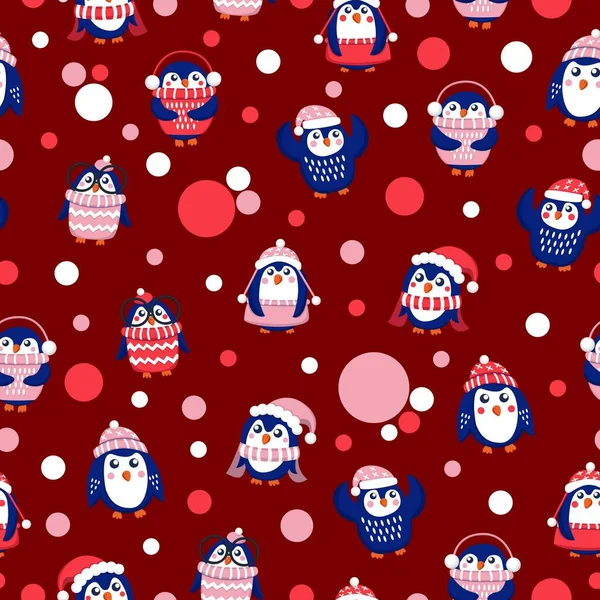Seamless Pattern Blue Baby Penguins Wearing Pink Red White Sweaters — Stock Vector