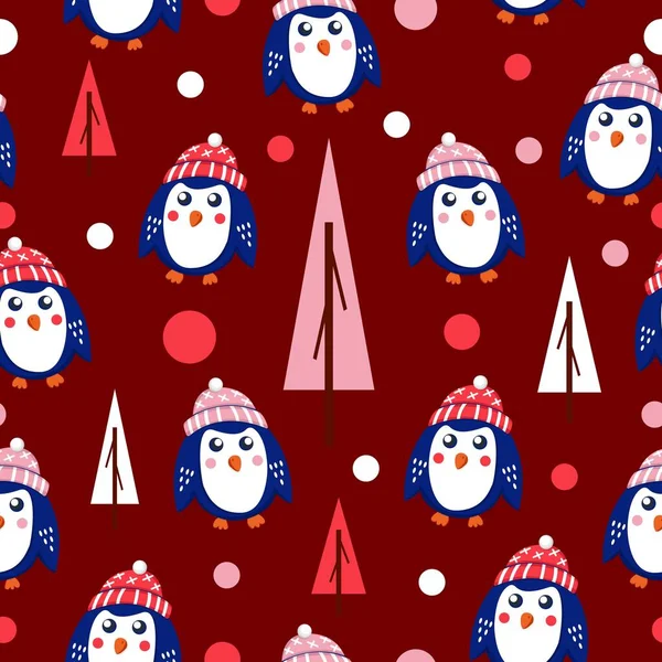 Seamless pattern with blue baby penguins wearing pink, red and white hats. Maroon background. Fir trees and snow. Cute and funny. Merry Christmas. Wallpaper, textile, scrapbooking and wrapping paper