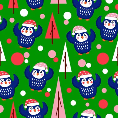 Pembe, kırmızı ve beyaz şapkalı ve atkılı kusursuz mavi yavru penguenler. Eller havada dans etmek. Yeşil arka plan. Ağaçlar. Mutlu noeller. Duvar kağıdı, tekstil, hatıra defteri ve ambalaj kağıdı.