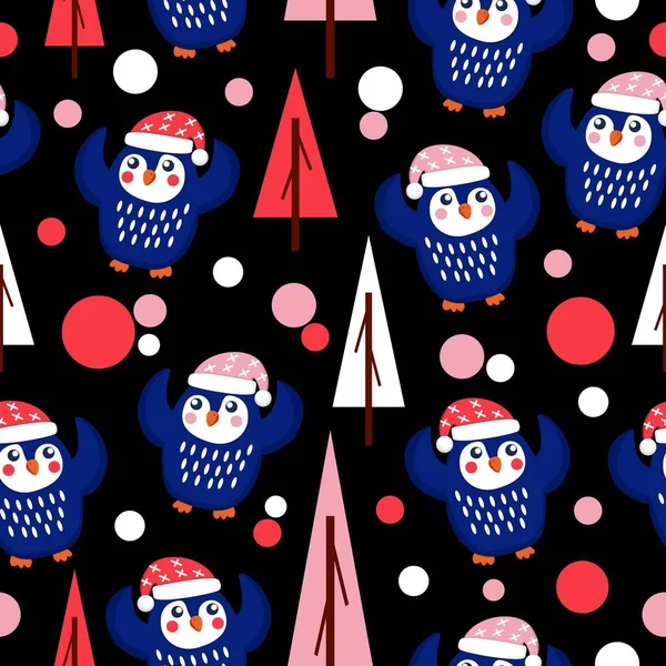 Modèle Sans Couture Bleu Bébé Pingouins Rose Rouge Blanc Chapeaux — Image vectorielle