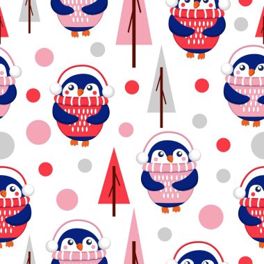 Pembe, kırmızı ve beyaz süveter, şapka ve kulaklık takan mavi yavru penguenler. Beyaz arka plan. Ağaçlar. Mutlu noeller. Duvar kağıdı, tekstil, hatıra defteri ve ambalaj kağıdı.