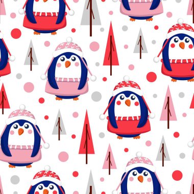 Pembe, kırmızı ve beyaz süveter, şapka ve etek giyen mavi yavru penguenler. Beyaz arka plan. Ağaçlar. Mutlu noeller. Duvar kağıdı, tekstil, hatıra defteri ve ambalaj kağıdı.
